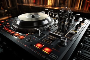 Fototapeta na wymiar A professional DJ controller placed on a table. Perfect for music production and DJing