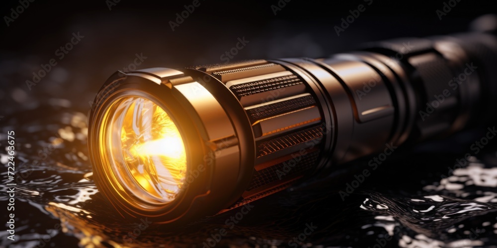 Aufkleber A close-up view of a flashlight placed on a table. This image can be used to depict emergency situations, power outages, camping, or any other scenario that requires a portable light source