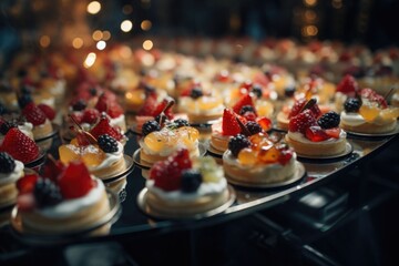 A table filled with a variety of pastries covered in fresh fruit. Perfect for bakery advertisements or food blog posts