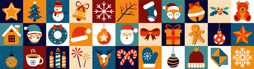 Abstract mosaic Christmas set. Merry Christmas and Happy New Year! Christmas winter art. 