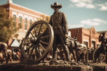 A statue of a man wearing a cowboy hat, standing next to a cannon. This image can be used to depict the Wild West or historical events