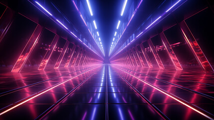 Lighting effect red and blue neon background. neon glowing lines in a dark tunnel.