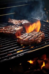 Grilled steaks cooking on a grill with flames in the background. Ideal for food and cooking-related projects
