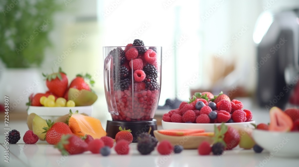 Wall mural A blender filled with a variety of fresh fruits. Perfect for healthy lifestyle concepts and recipes