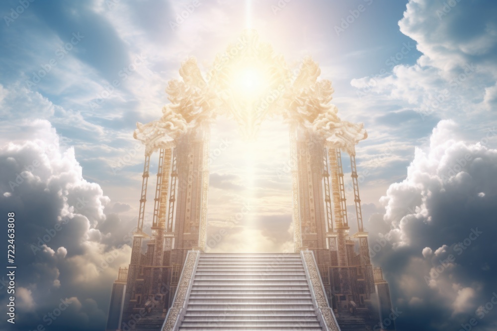 Poster A stairway leading up to a sky with clouds. Perfect for concepts of aspiration, progress, and reaching new heights