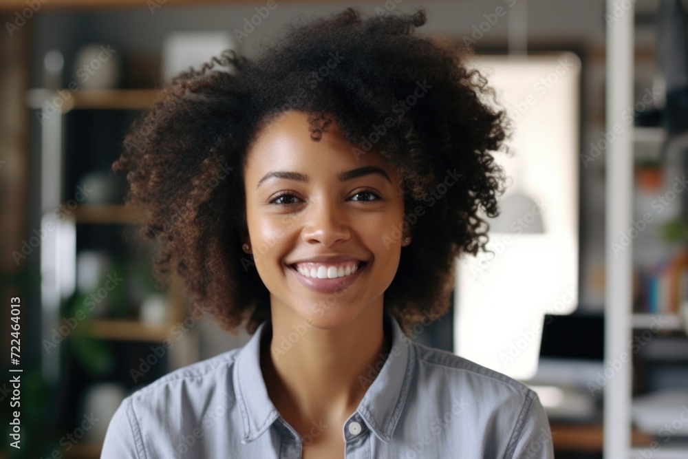 Poster a woman with an afro smiles at the camera. suitable for various uses
