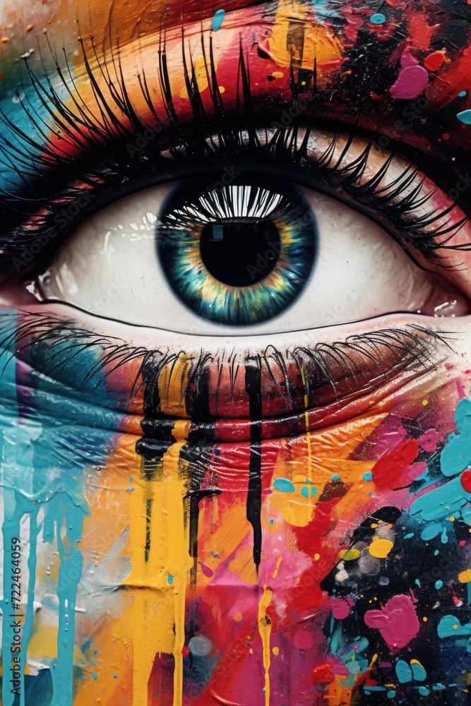 Poster A close-up view of a painting depicting an eye. This image can be used for various creative projects and designs