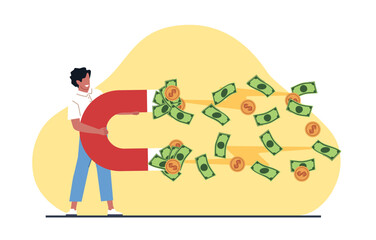 Man holds powerful magnet to attract money bills, gold coins. Investment strategy, business opportunities, magnetic power. Rich businessman cartoon flat isolated vector financial concept