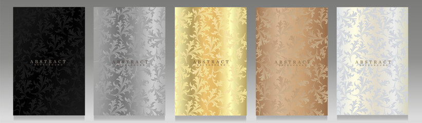 Elegant set of covers. Leaf pattern, shaded colors and glossy effect. Black, silver, gold, brown and white template for a luxurious and graceful background,invite wedding, beauty and fashion brochure.