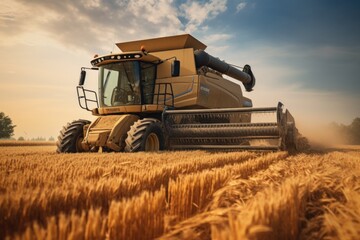 Naklejka premium A powerful combine harvester in a golden wheat field. Perfect for agricultural and farming concepts