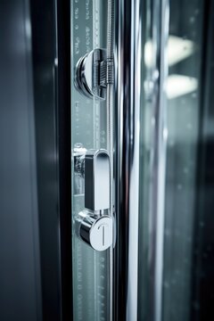 A detailed close-up shot of a shower door handle. This image can be used to depict bathroom fixtures or for illustrating concepts related to cleanliness and hygiene