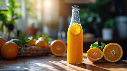  a bottle of orange juice sitting on top of a table next to oranges and a basket of oranges.