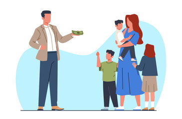 Man gives money to mother with many children. Support children. Alimony, spousal agreement, payments to wife after divorce. Charity and financial donation. Cartoon flat isolated vector concept