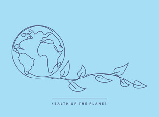 Line drawing, planet, globe, earth, spring is coming, the planet is blooming, environmentally friendly nature.