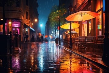 A rainy night in the city with people walking under umbrellas. Perfect for illustrating urban life and the beauty of rainy weather