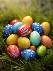 Fototapeta na wymiar Close up of colorful easter eggs in green grass