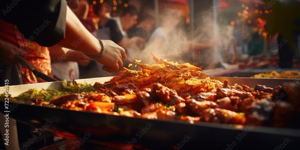Aufkleber a pan filled with an array of delicious and mouthwatering food. perfect for showcasing a bountiful m
