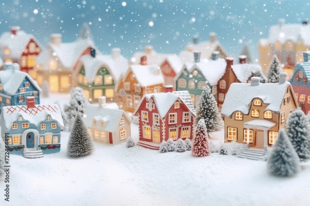 Poster a picture of a small town covered in a thick layer of snow. this image can be used to depict a winte
