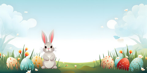 Colorful illustration of a cute bunny with easter eggs