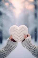 A person holding a knitted heart in the snow. Perfect for Valentine's Day cards or romantic winter-themed designs