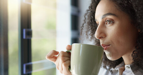 Relax, window and woman with coffee, thinking and stress relief with happiness, home and wellness....