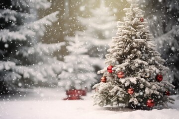 A beautiful Christmas tree covered in snow, adorned with red ornaments. Perfect for holiday-themed designs and winter festivities