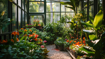Explore the vibrant oasis of a lush greenhouse teeming with a colorful array of plants and flowers. Be captivated by nature's beauty.