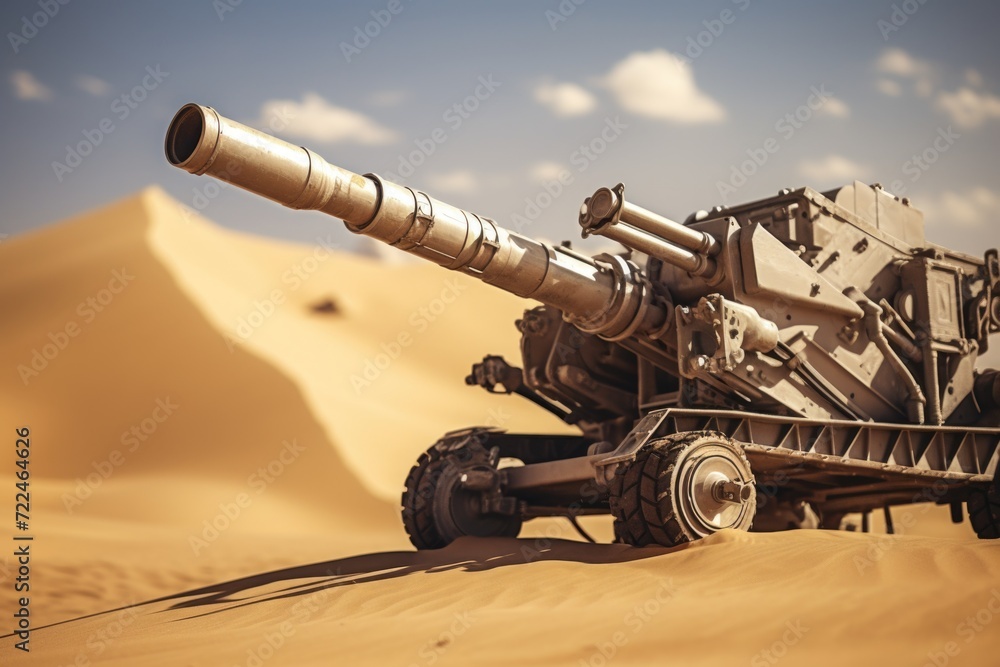 Poster A powerful machine gun resting on top of a desert landscape. Perfect for military or action-themed projects