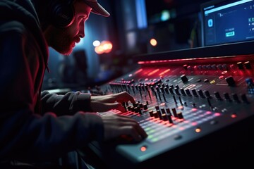 A man wearing headphones is seen working on a sound board - obrazy, fototapety, plakaty