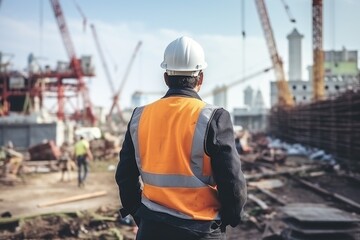 A construction worker standing in front of a construction site. Ideal for construction industry-related projects