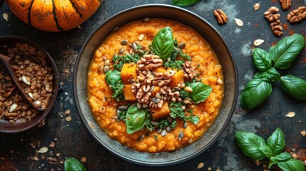  a bowl of carrot and spinach soup next to a bowl of pecans and pumpkins on a table. - obrazy, fototapety, plakaty