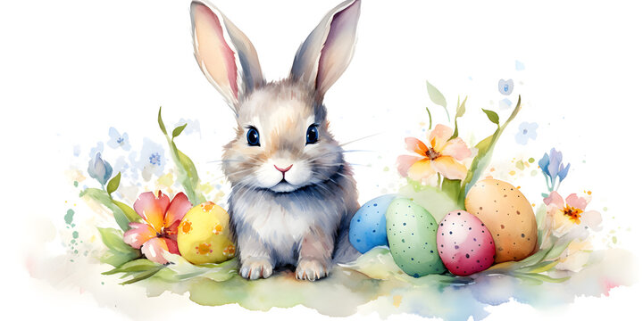 Watercolor illustration of a cute easter bunny	with eggs