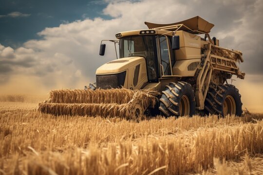 A tractor is seen in a field with hay in the foreground. This image can be used to depict agricultural activities or rural landscapes