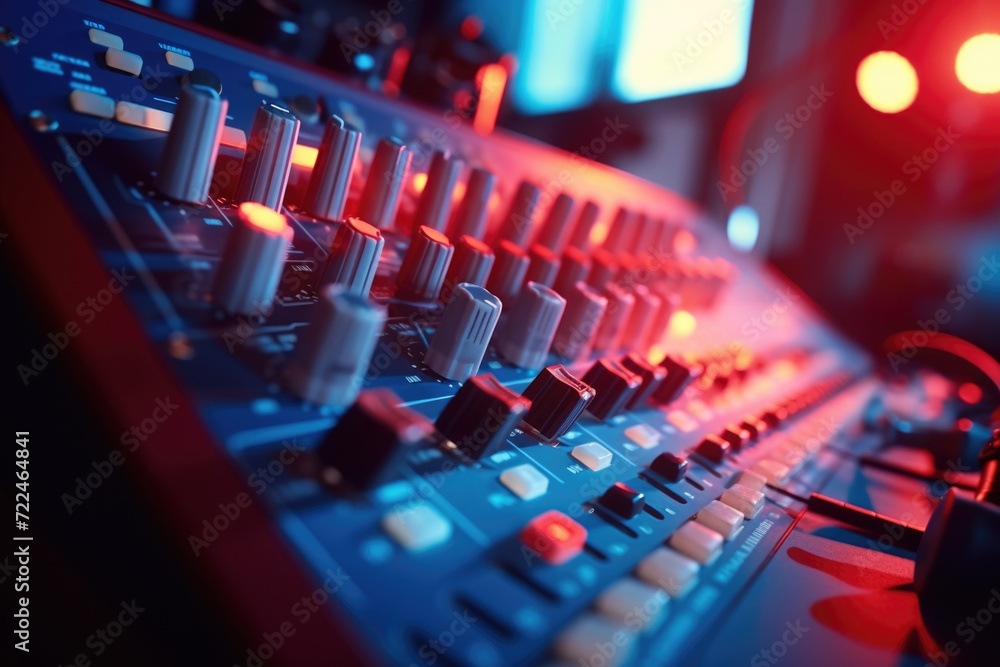 Poster Close-up of a sound board in a recording studio. Perfect for music production and audio engineering projects
