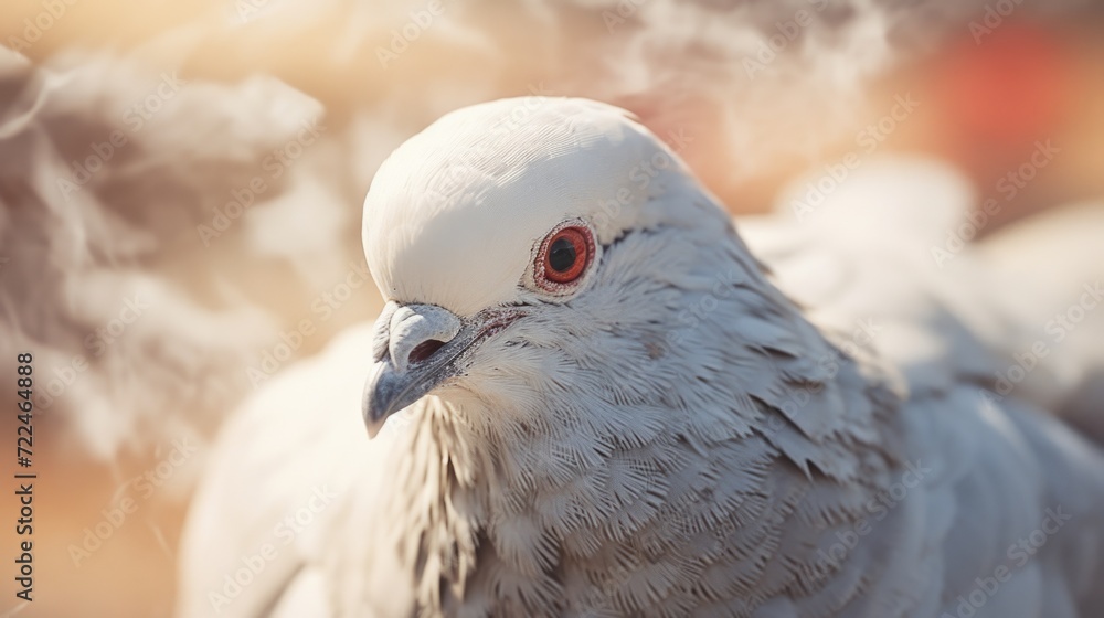 Poster A close-up photograph of a pigeon with a vibrant red eye. This image can be used to showcase the intricate details and unique features of birds.