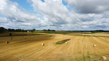 Obraz premium Many scattered rolls of straw on field outside the village after the wheat harvest filmed by drone from above
