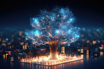 A picture of a tree standing in the middle of a bustling city. Can be used to depict the contrast between nature and urban life