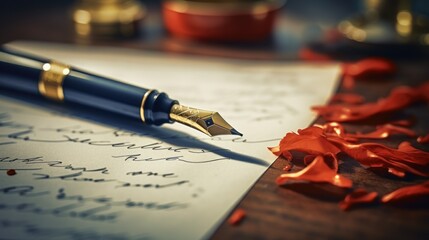 A close-up view of a fountain pen resting on top of a piece of paper. This image captures the elegance and simplicity of writing with a classic pen. - obrazy, fototapety, plakaty