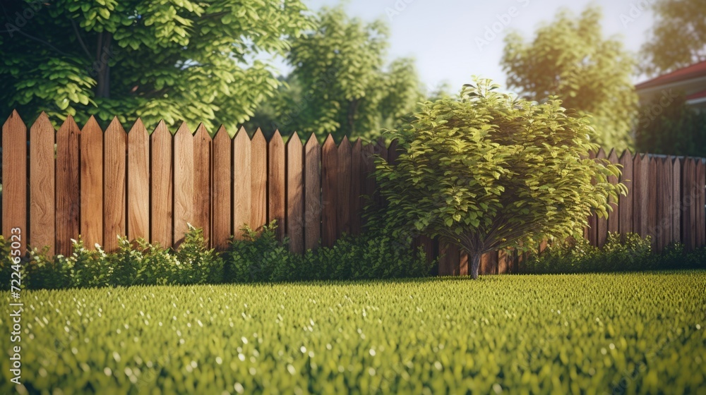 Poster A picture of a fenced-in yard with a tree in the background. This image can be used to showcase a tranquil outdoor space or to represent privacy and security