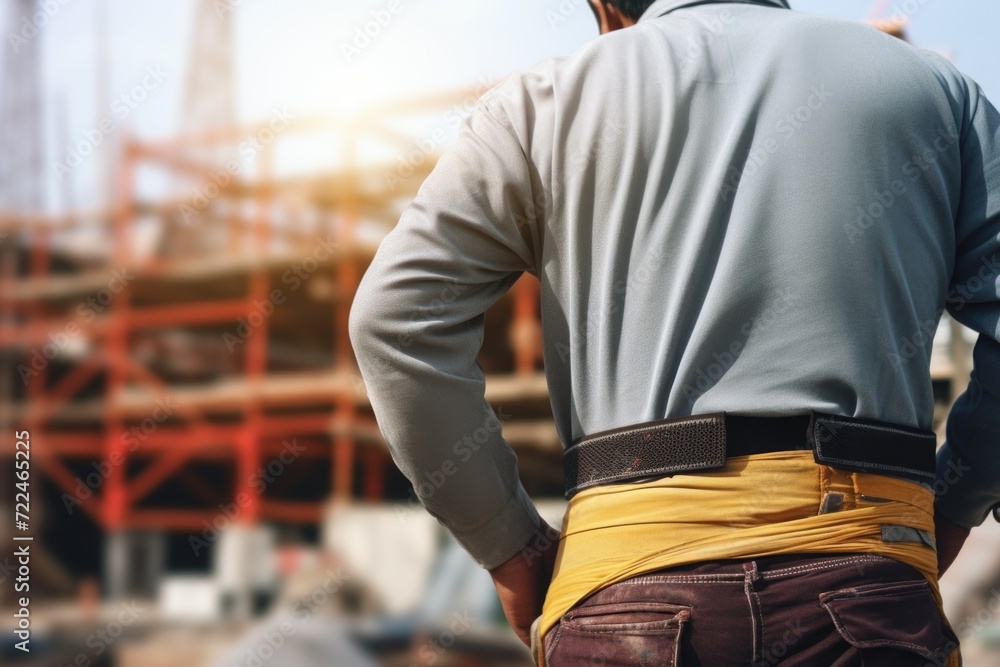 Poster a man standing in front of a construction site. this image can be used to depict construction, build