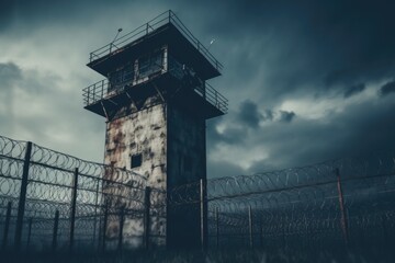 A tall tower standing next to a barbed wire fence. Suitable for themes related to security, confinement, or surveillance.