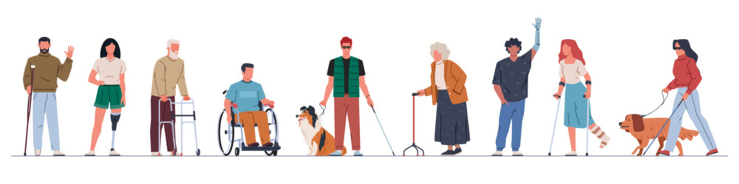 Disability people. Persons with various congenital and acquired injuries, adults with prosthetics, limbs lack, blindness. Paralyzed on wheelchair cartoon flat isolated nowaday vector set