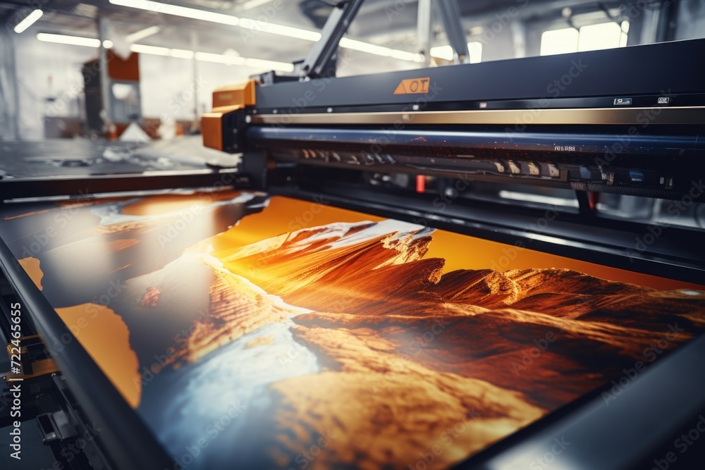 Poster A picture of a large print being printed in a factory. This image can be used to showcase the manufacturing process or for illustrating the production of printed materials