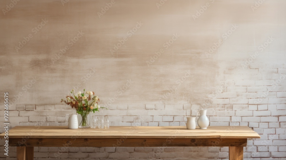 Poster A wooden table adorned with vases filled with beautiful flowers. Perfect for adding a touch of nature to any setting