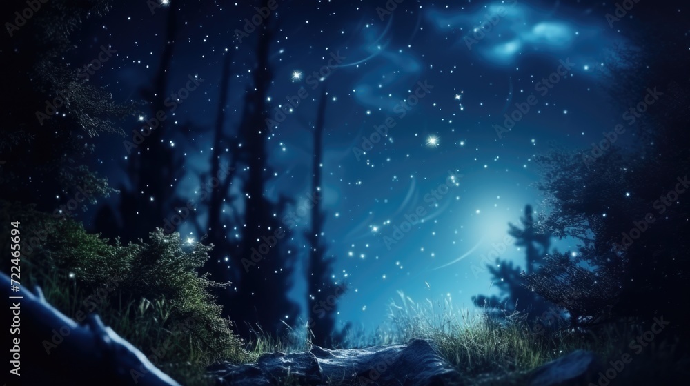 Poster A serene night sky filled with twinkling stars and tall trees. Perfect for adding a touch of magic to any project or design