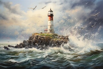 Obraz premium A painting of a lighthouse with seagulls flying around. Perfect for coastal-themed designs and nautical projects