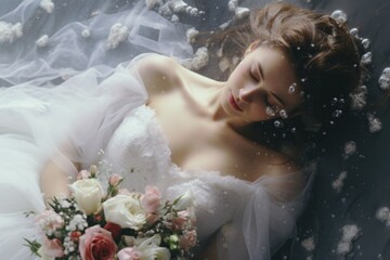 A woman in a wedding dress lying on a bed of flowers. Perfect for wedding-themed designs and romantic concepts