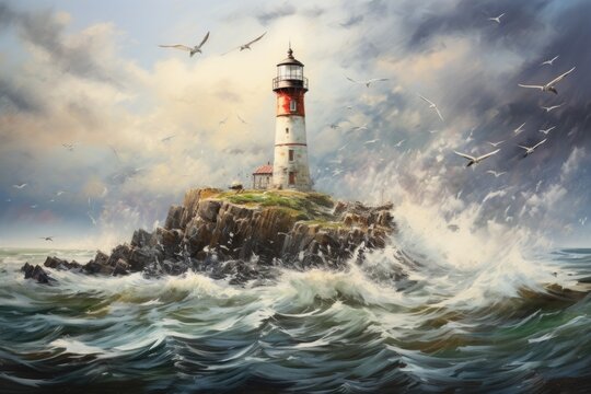 A painting of a lighthouse with seagulls flying around. Perfect for coastal-themed designs and nautical projects