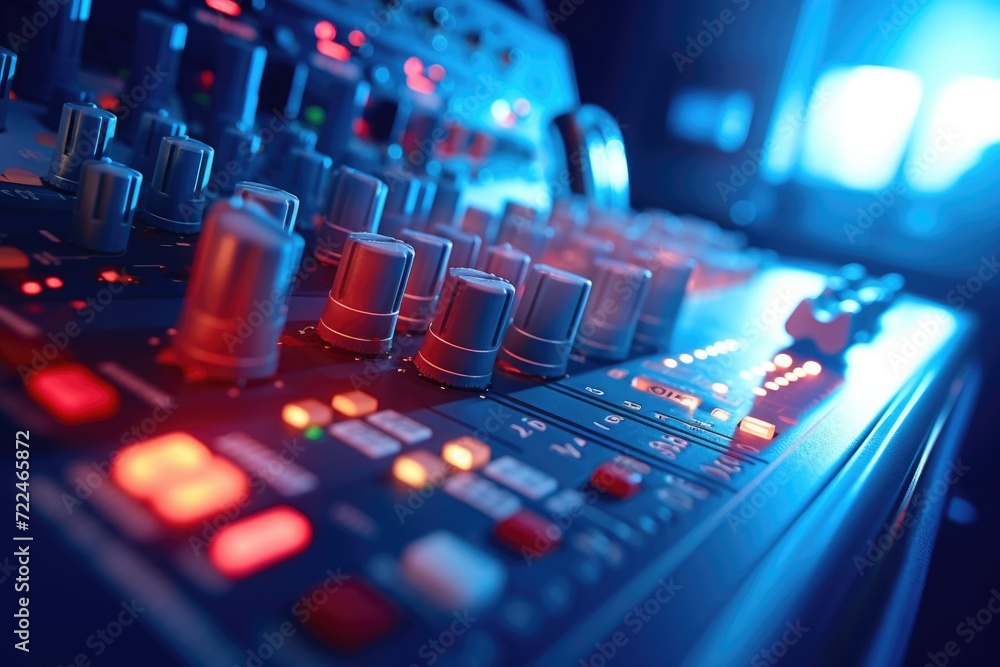 Poster A detailed view of the control board in a recording studio. This image can be used to showcase the advanced technology and equipment used in music production