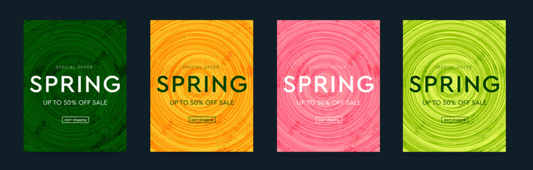 Set Spring Design with Graphic Memphis Element. Modern Abstract Background Patterns in Retro Style for Advertising, Web, Social Media, Poster, Banner, Cover. Sale offer 50%. Vector Illustration